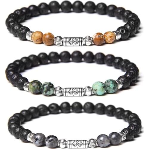Vinatge 6mm Black Lava Volcanic Stone Beads Buddha Bracelet Men Silver Color Lotus Pumpkin Charm Bracelet Jewelry for Women Men