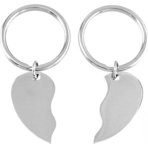 Stainless steel silver color split heart key chain print Couple key chain blank for t engraving wholesale 5pair