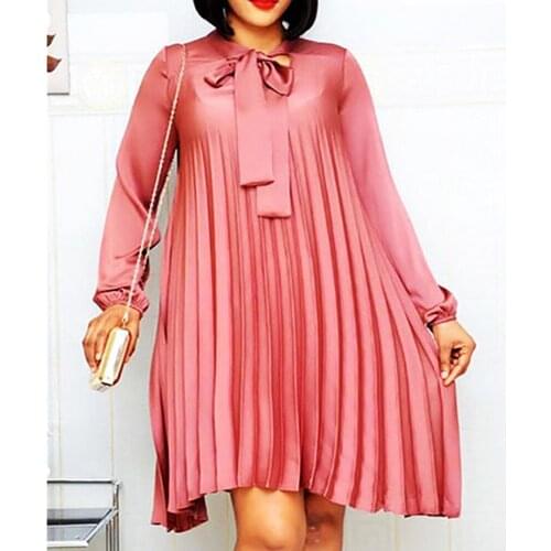 Elegant Stand Bow Collar Short Pleated Woman Dress 2021 Summer Loose Long Sleeve Party Vestido African Plus Size Clothes
