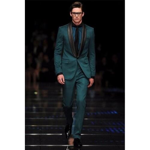 Custom Made Groomsmen Shawl Black Lapel Groom Tuxedos Dark Green Men Suits Wedding Best Man (Jacket+Pants+Tie+Hankerchief) B927
