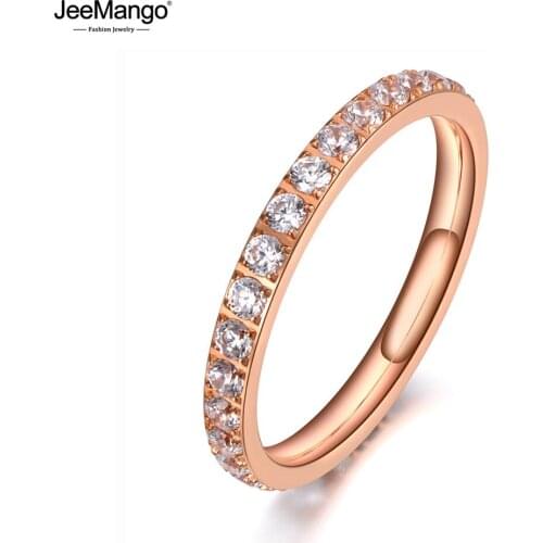JeeMango Sparkling Titanium Stainless Steel Rhinestone Ring Jewelry Luxury Rose Gold CZ Crystal Wedding Ring For Women JR19144