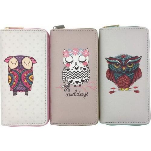 KANDRA Owl Print Cartoon Women Wallets Long Large Capacity Card Holder PU Leather Zipper Travel Wallet Cash Purse Owl Lover Gift