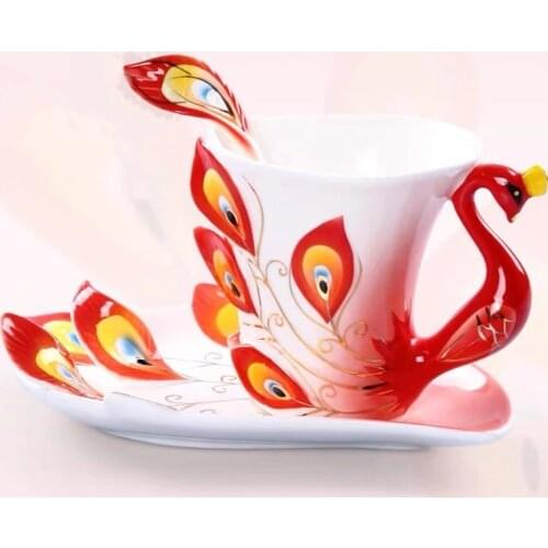 European Style Ceramic Coffee Cup Creative Bone China 3D Enamel Color Porcelain Tea Cup with Saucer and Spoon Set Drinkware