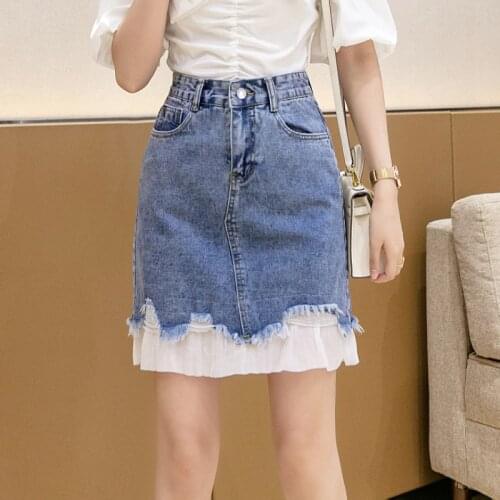 Ripped Hole A-line Short Denim Skirts Ladies Mesh Lace Stitching Denim Sexy Hip Jean Mini Skirt Straight for Young Women BSQ317