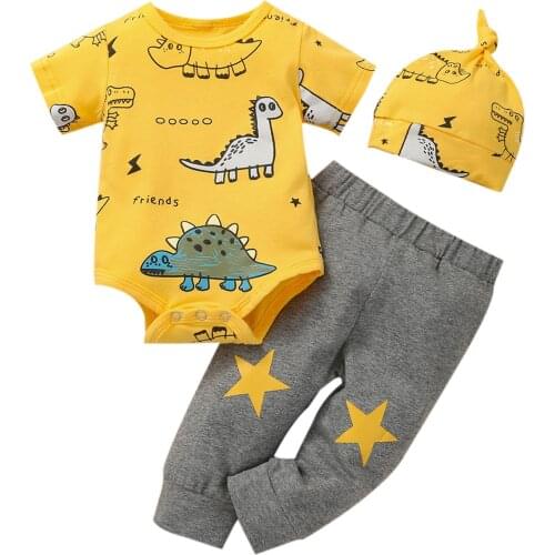 Newborn Baby 3 Pieces Outfits Dinosaur Print Round Neck Short Sleeve Romper + Long Pants + Hat for Baby Boys Clothes Set 0-18M