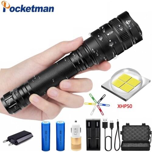 Brightest 50w Original XHP50 Powerful Tactical LED flashlight torch zoom lens 2pcs 18650 battery