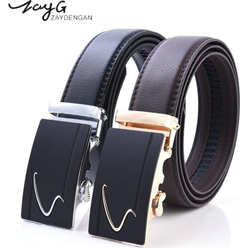 ZAYG Men Beautifully letter S Gold Automatic Buckle Belt Luxury Leather Black Strap Male Belts Men Fashion Classic Business Belt