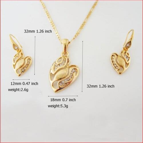 YELLOW GOLD COLOR PLATED OVERLAY CLEAR CZ STONE PLAIN SURFACE HEART SHAPE PENDANT 24" FIGARO LINK CHAIN NECKLACE EARRING SET