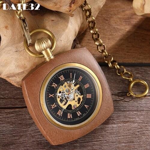 Real Wooden Mechanical Pocket Watch for Men Antique Golden Square Back Case Gold Back Engraved Wood Fob Chain Clock Dropshipping