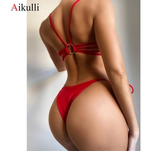 Sexy Solid Color Halter Bikinis Swimsuit Women Thong Bikini Set Summer Beach Swimming Swimwear Female Beachwear Bathing Suit Red