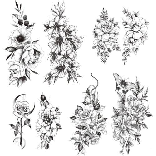 Snake Lily Flower Temporary Tattoo For Women Girls Peony Bloosom Tattoos Beauty Plum Sweatpea Bloosom Waterproof Tatoo Paper Arm
