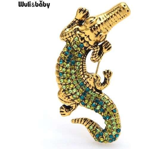 Wuli&baby Vintage Green Rhinestone Crocodile Brooch Pins Women Brooches Gift 2021 Coat Badge Pin