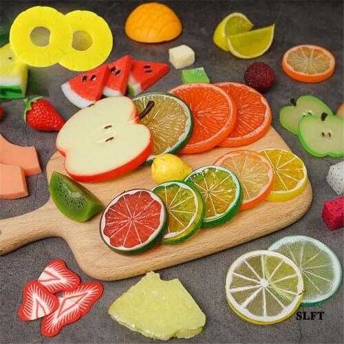 Yellow peach strawberry kiwifruit watermelon apple mango orange lemon pineapple fake Simulation Dragon fruit slices props