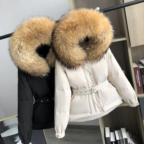 2021 Large Real Raccoon Fur 90% White Duck Down Parka Winter Women Coat Thick Warm Female Hooded Puffer Jacket With Belt