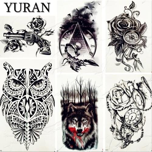 Womens Fashoin Black Chest Art Tattoos Temporary Men Body Arm Scorpion King Wolf Fake Tatoos Owl Totem Chains Tattoo Gun Rose
