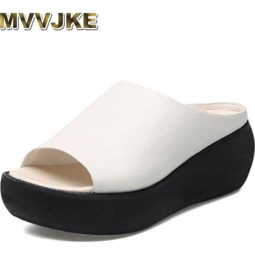 MVVJKE handmade retro women real leather slippers summer open toe wedge platform sandals slippers women outside slides