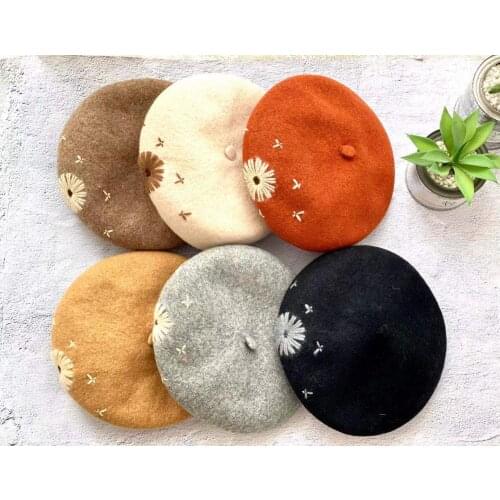 VISROVER 5colorways solid 100% Wool Winter Beret Female Autumn Embroidery Daisy Warm Hat Top Quality Women Boina Wholesale