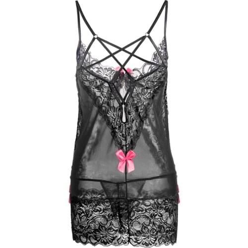 Womens Lingerie See-through Lace Mini Dress Erotic Sexy Sleepwear Adjustable Spaghetti Strap Bowknot Decor Bodycon Dresses