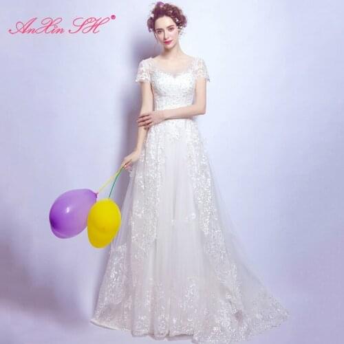 AXJFU Luxurious white lace nail bead small tail big bow wedding dress vintage Princess illusion Bride white Wedding Dress 6700