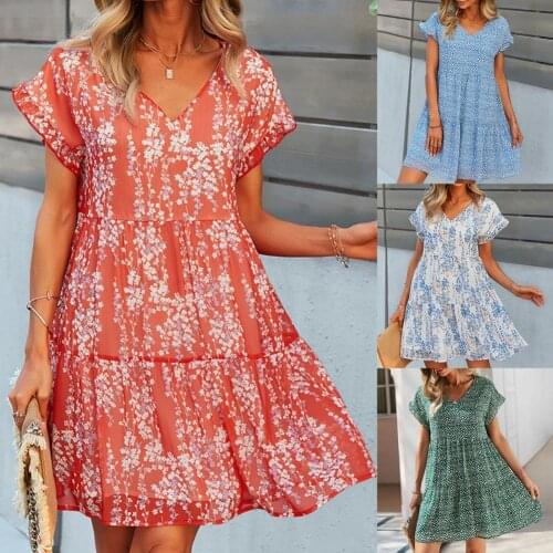 Summer Women V Neck Loose Mini High Waist Dress Ruffle Short Sleeve Flowy Hem Floral Print A-Line Tunic Dresses Streetwear