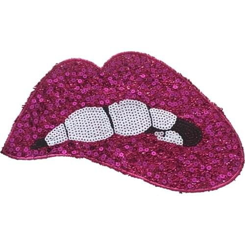 10pcs Pink Lips Sequined Sew on Patches for Clothes Sequins Mouth Embroidered Appliques Sewing DIY Free Shipping