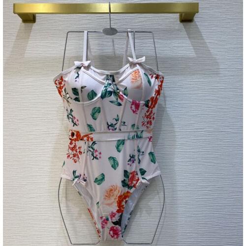 2021 women Summer Vacation Beach floral Print Bodysuits Sexy Spaghetti Strap Skinny Rompers push up swimsuit one-piece suit y407