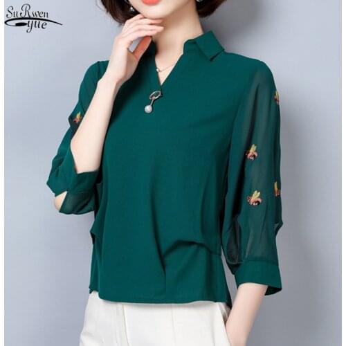 2021 Elegant Chiffon Button Blouse Women Tops Blouses Embroidered Wild Loose Cover Belly Top Long Sleeve Women Clothing 2639 50