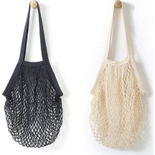 AUAU-2Pcs Portable Reusable Mesh Cotton Net String Bag Organizer Shopping Tote Handbag Fruit Storage Shopper NEW (black,beige)