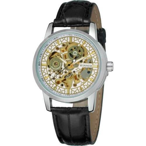2019 Fashion WINNER Top Brand Ladies Luxury Leather Watches Women Automatic Mechanical Golden Skeleton Wrist Female Luxury
