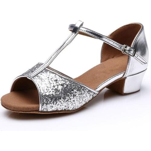 Red Black Silver Gold Children Kids Girls Latin Dance Shoes Girl Shoes Ballroom Salsa Shoes Low Heels Dancing Shoes