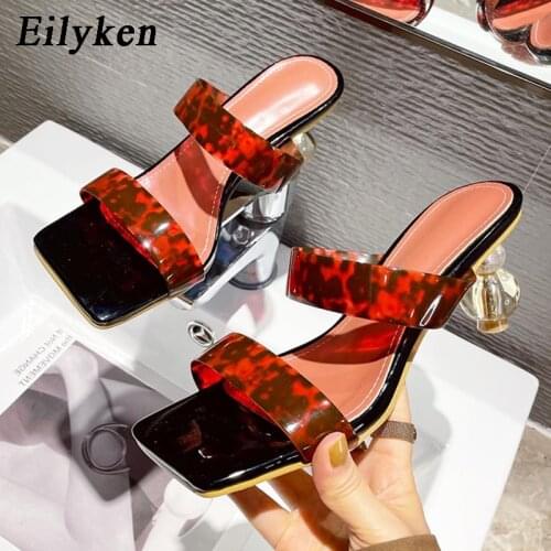 Eilyken Sexy Leopard Grain PVC Transparent Jelly Shoes Slippers Women Fashion Strange Heels Designer Square Toe Sandals
