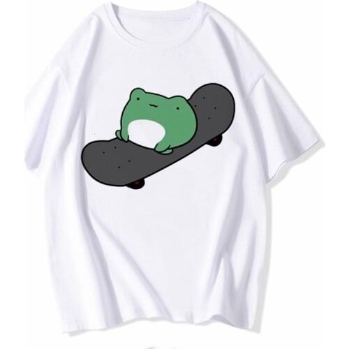 Skateboard Frog Dinosaur Cute Shirt Print Top Women T-shirt Casual ladies basic O-collar Short Sleeved T-shirt Girl,Drop Ship