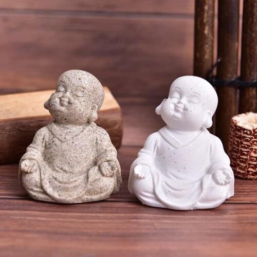 1PC Cute Little Monk Statue Sandstone Adorable Chinese Buddha Statuettes Lovely Figurine for Home Decor Creative Gift