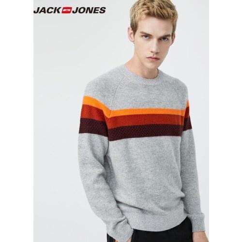 JackJones Mens Slim Fit Contrasting Splice Round Neckline Sheep Wool Knit Sweater|220124509