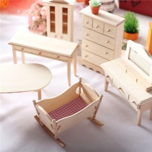Doll House Mini Solid Wood Furniture Cradle Baby Bed Dining Table Cupboard Small Cloth Toys Dolls Accessories