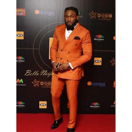 Elegant Orange double Breasted Men Suit 2020 Custom Wedding Tuxedos Groom Suits For Men Business Men Office Wear (Jacket+Pants)