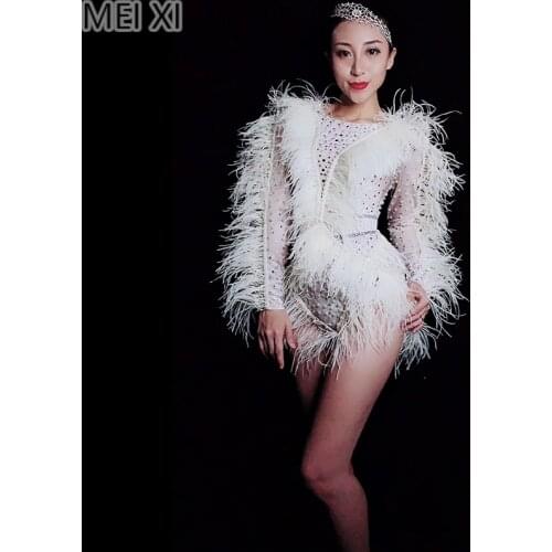 Luxury white feather pearl spandex stretch jumpsuit party nightclub bar concert DJ singer/dancer costumes