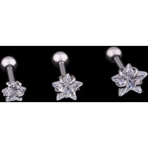 Set of 3-size 316L Stainless Steel Star Clear Round Zircon Piercing Studs for Lip Chin Tragus Helix and Other 1.2mm Piercings