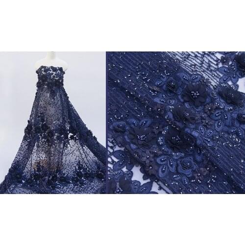 Deep blue solid Decal fabric Hand-made beaded embroidery tissu High end dress ceremonial robe or dress material