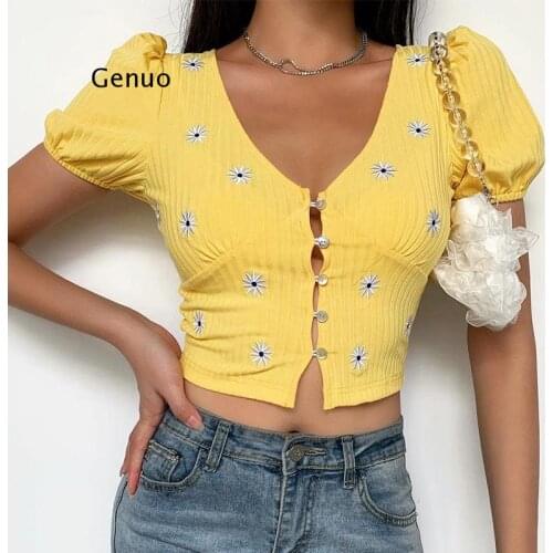 V Neck Buttons Short Sleeve Crop Top t Shirt Ladies Embroidery Floral Elegant Vintage T-Shirt Women Summer Casual