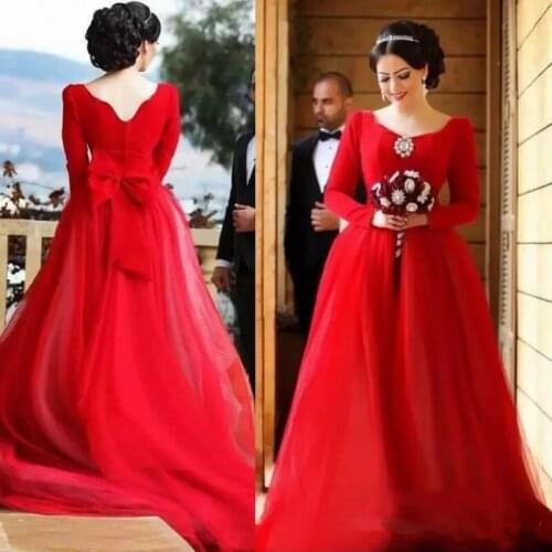 Gorgeous Red Arbic A Line Wedding Dresses Long Sleeves Tulle Back Zipper bow Wedding Bridal Gown Plus Size Vestido De nova