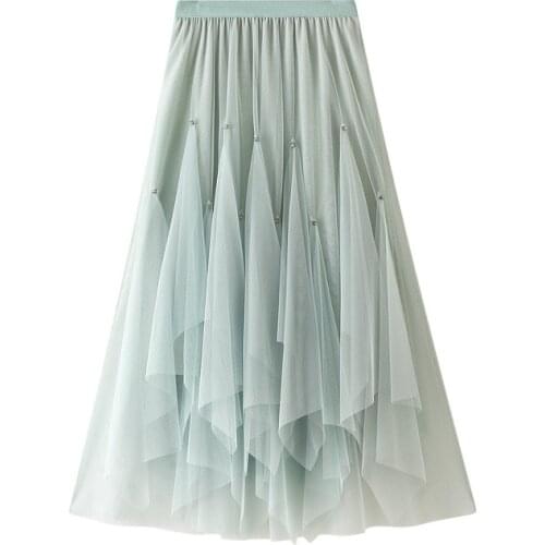 Irregular Tulle Skirt Women Elastic High Waist Mesh Midi Skirts Spring Summer Long Pleated Tutu Skirt Female Green Jupe Longue