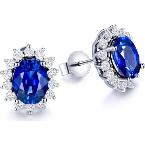 Zhanhao 2021 3.463ct 9K Gold Oval Shape Lab Grown Sapphire Stud Earrings With Simulated White Diamonds Surrounded