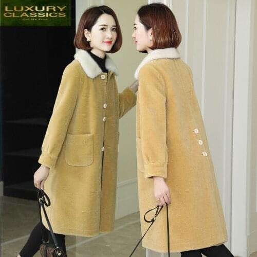 Shearing Real Jackets Sheep Women Autumn Winter Wool Coat Female Spring Parka Natural Mink Fur Collar Overcoat LWL1357