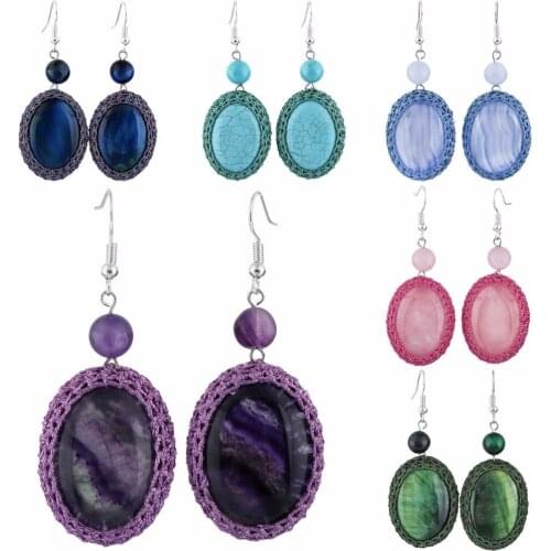 TUMBEELLUWA Handmade Crochet Oval Stone Dangle Earrings for Women