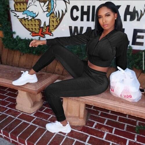 Autumn Solid Velvet Hooded Zipper Tracksuit Activewear Women Two Piece Set Long Sleeve Coat and Pencil Pant Velour Outfits