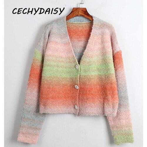 Fashion Cardigan women 2021 autumn winter Korean clothes rainbow gradient chic top Knitted sweater knitwear pull ropa mujer ropa
