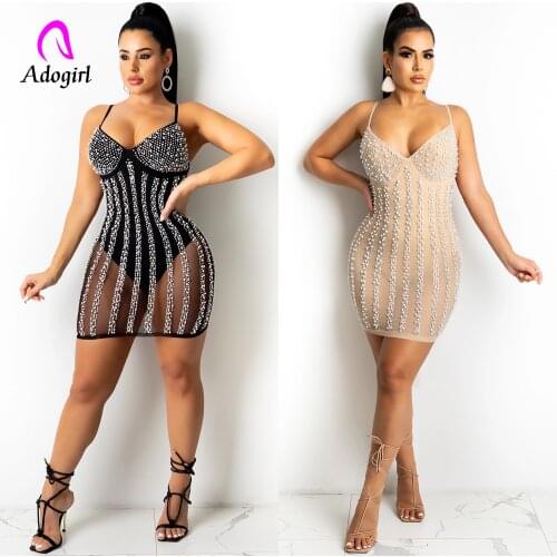 Sequined Women Mini Dress Spaghetti Straps 2021 Autumn Evening Party Dress Sexy V Neck Sheer See Through Mesh Beading Vestidos