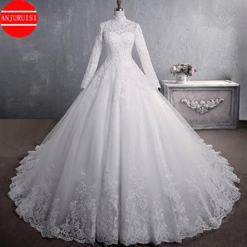 High Neck Muslim Wedding Dress 2021 Long Sleeve Vestidos De Novia Luxury Lace Appliques Bride Gown Robe Mariage Trouwjurk Boda