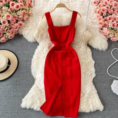 2021 Summer Women Red Party Dress Elegant Korean Square Collar Sleeveless Strap High Waist Front Split Club Sexy Backless Dress